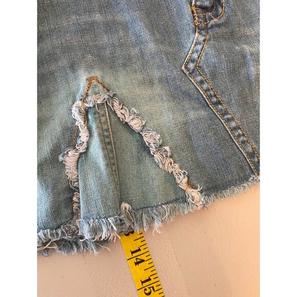 Industrial Cotton Distressed Denim Mini Skirt Embroidered Detail Frayed Hem Sz 5 - Picture 8 of 10